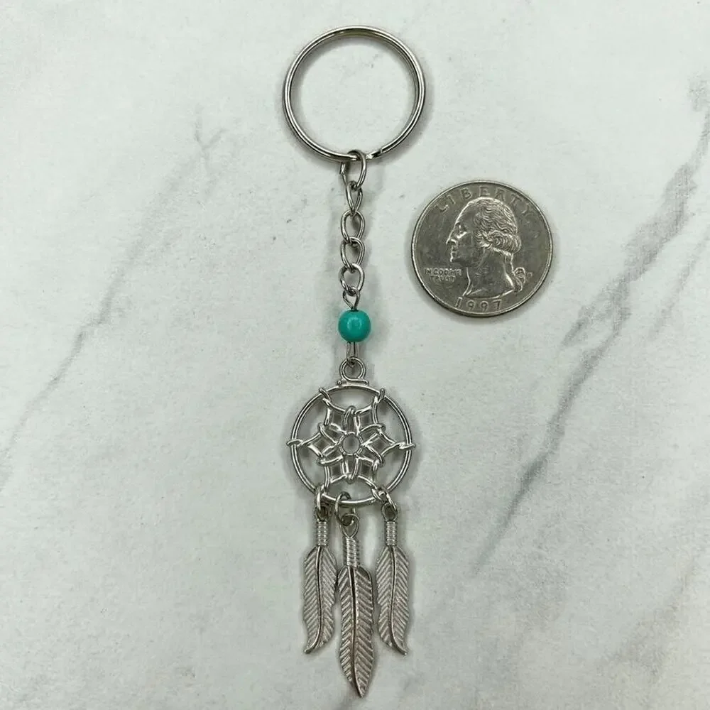 Silver Tone Faux Turquoise Beaded Dreamcatcher Keychain Keyring